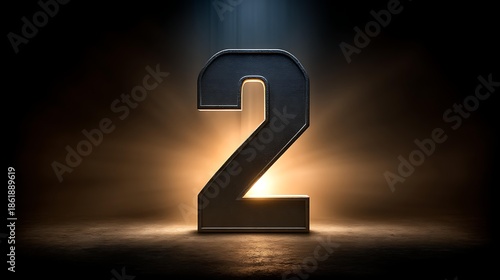 3D numeral 2 with luminous colorful glow pure white background dramatic light rays dust particles floating frontal composition, Realistic Photo