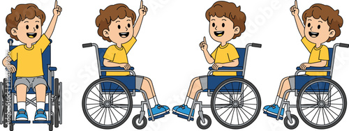 Set of Four Illustrations of a Happy Boy in a Wheelchair Raising His Finger in a Teaching or Idea Concept