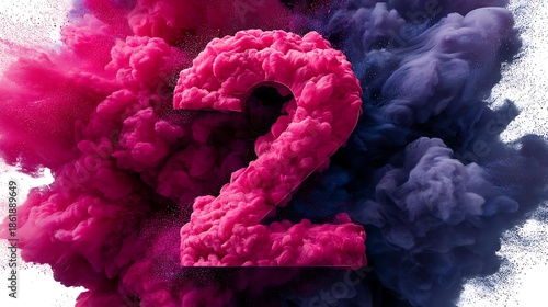 Artistic 3D number 2 colorful fluid texture isolated white background cinematic lighting dust particles suspended frontal composition, Realistic Photo