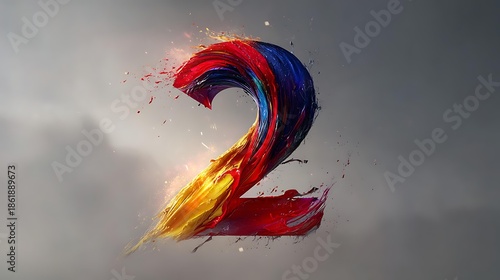 Clean typography 3D number 2 colorful matte material white seamless background gentle lighting dust in air centered framing, Realistic Photo