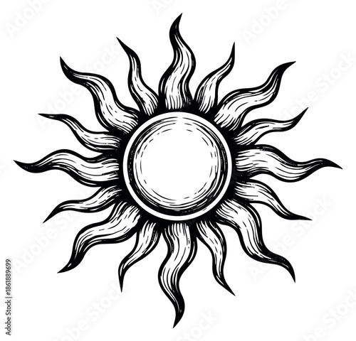 Hand drawn line art illustration of a sun depicting rays for celestial designs