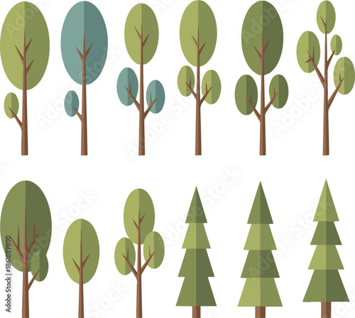 Flat Design Trees Including Deciduous and Coniferous Styles Keywords: tree, trees, flat design, illustration, nature