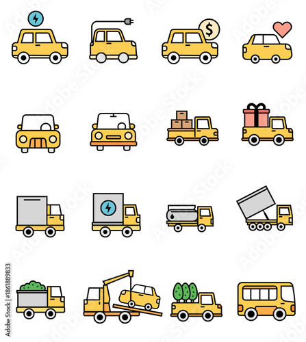 Minimalist vehicle icon set featuring electric cars, delivery trucks, logistics transportation, and public bus symbols in flat style