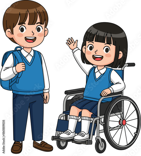Inclusive Education Illustration of a Happy Schoolboy and a Young Girl in a Wheelchair in School Uniform