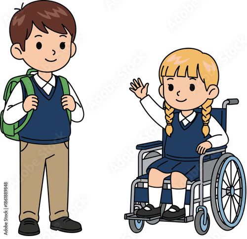 Happy school children in navy uniforms including a blonde girl in a wheelchair waving and a boy with a green backpack for inclusive education vector