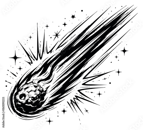 Hand drawn illustration of a comet depicting a fiery streaking motion for a cosmic design
