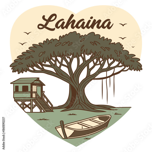 Lahaina Maui Banyan Tree and Lifeguard Hut Heart Shape Design