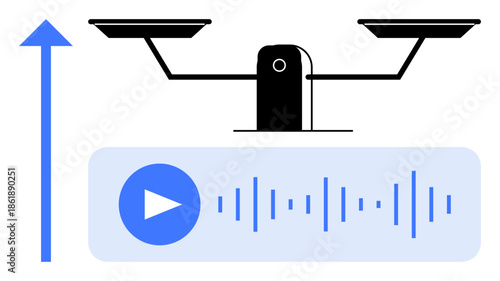 Artificial intelligence, machine learning, ethics, fairness, decision-making, audio processing. Scales balancing next to a rising arrow and sound wave. AI ethics and decision-making concepts