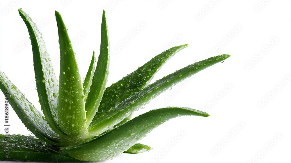 Fototapeta premium A close-up view of an aloe vera plant with water droplets on its green leaves against a white background