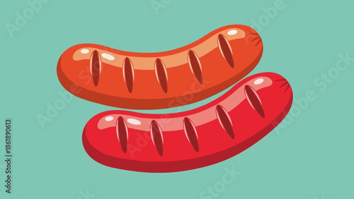 Vibrantly colored cartoon grilled sausages with classic grill marks on a teal backdrop