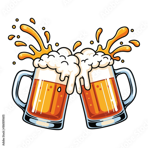 A cheerful illustration of two beer mugs clinking together with a lively splash