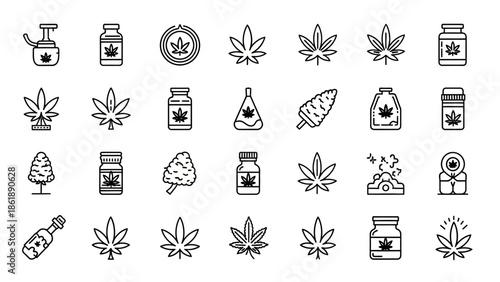 A comprehensive collection of cannabis and marijuana products line art icons for modern use