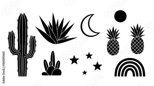 Diverse minimalist black and white icons featuring desert plants, tropical fruits, and celestial symbols