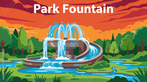 park fountain blends into a natural landscape, combining water movement with open green spaces, trees, and pathways to enhance outdoor recreation and scenic environments