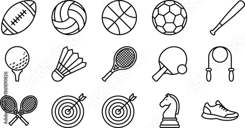 Sports equipment outline icon set featuring balls rackets targets chess and fitness accessories clean vector illustration collection