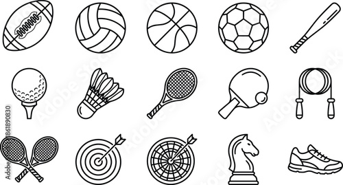 Sports equipment line icon set including balls rackets targets chess and fitness accessories vector illustration collection