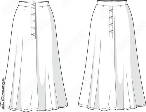 White button front maxi skirt front and back view vector illustration mockup for women fashion apparel design sewing templates