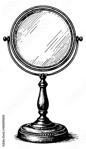 Hand drawn line art illustration of a standing mirror depicting a classic design for beauty and home decor