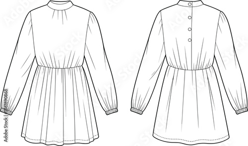 White long sleeve gathered mini dress front and back view vector illustration mockup for women fashion apparel design templates