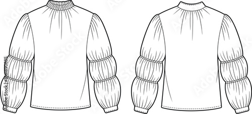 White high neck puff sleeve blouse front and back view vector illustration mockup for women fashion apparel design templates