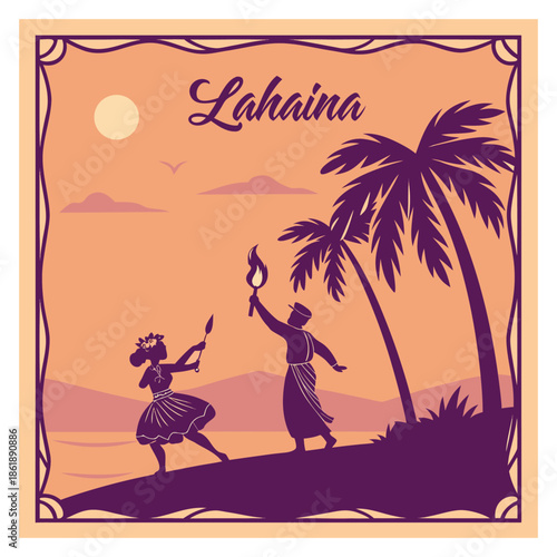 Lahaina Maui Vintage Travel Poster with Hula Dancer and Torch Bearer