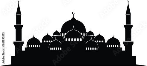 Silhouette of a mosque with minarets and domes