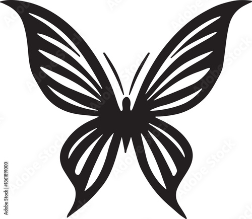 Elegant black butterfly silhouette with stylized wing patterns against a pristine white background