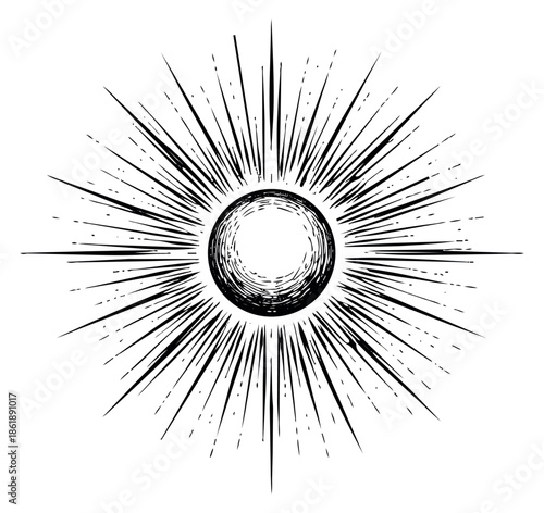 Hand drawn line art illustration of a sunburst depicting radiant light for design projects