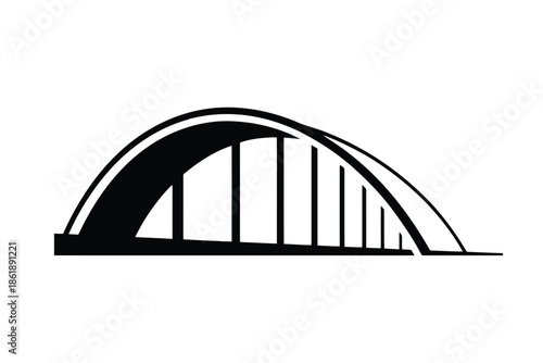Black silhouette of a modern arch bridge with vertical supports on a white background vector