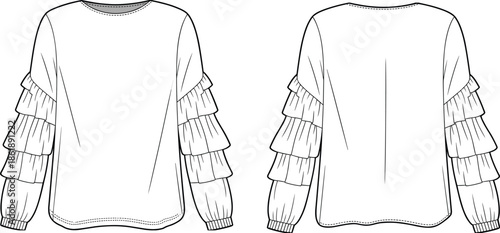 White ruffle sleeve blouse front and back view vector illustration mockup for women fashion apparel design templatesWhite ruffle sleeve blouse front and back view vector illustration 