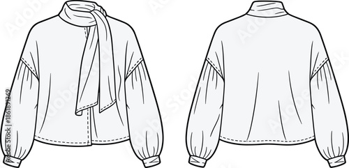 White tie neck blouse front and back view vector illustration mockup with puff sleeves for women fashion apparel design templates