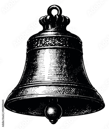 Vintage style hand drawn illustration of a bell depicting an ornate ringing instrument for traditional and festive designs