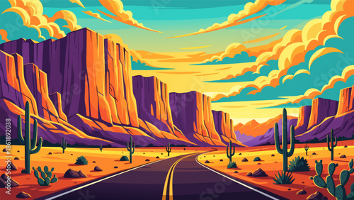 Scenic desert road vector illustration with cacti and mesas at sunset, vibrant colors and dramatic sky