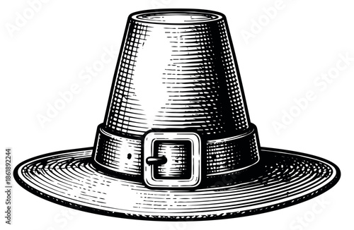Hand drawn line art illustration of a pilgrim hat depicting a historical black and white design for thanksgiving celebrations