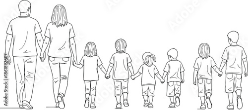 Back view line drawing of a large family with parents and six children walking together holding hands, minimalist vector illustration