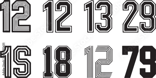Sports jersey numbers outline vector set with modern striped typography, black and white athletic number design collection