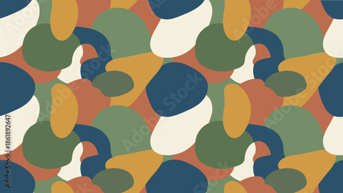 Abstract camouflage pattern with earthy tones, organic shapes, seamless texture, military fashion design, nature-inspired background - flat vector illustration