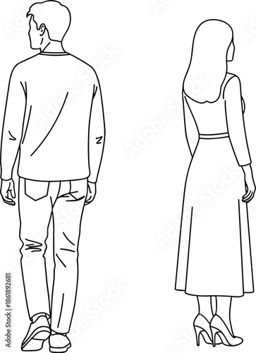 Back view line art of a man and woman standing apart looking away symbolizing relationship conflict distance and social isolation