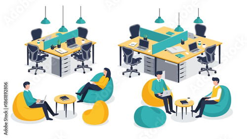 Modern office space with collaborative work areas and comfortable seating for employees.