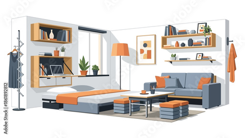 A modern studio apartment with a bed, sofa, desk, and shelving, decorated in a minimalist style with orange accents.