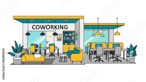 Modern co-working space with yellow furniture and plants, featuring desks, chairs, and computers.