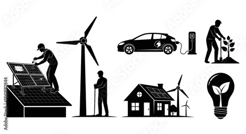 Renewable Energy Silhouette Set Featuring Solar Panel Installation, Wind Turbines, Electric Car Charging, and Green Living