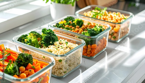 Meal prep saludable con platos equilibrados en recipientes de vidrio para planificación semanal en cocina luminosa