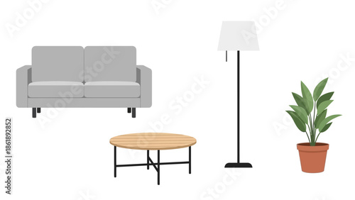 A minimalist living room setup featuring a grey sofa, a round wooden coffee table, a tall floor lamp, and a potted green plant.