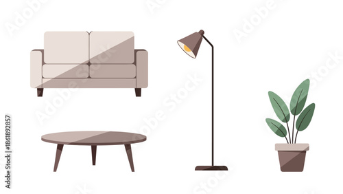 A minimalist collection of furniture and decor including a sofa, coffee table, floor lamp, and potted plant.