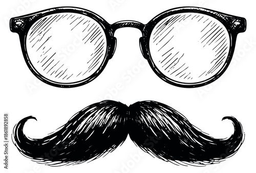 Hand drawn line art illustration of classic eyeglasses and a mustache depicting a retro style for fashion and identity concepts