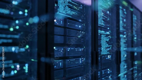 Data Center Servers, Technology, Interior, Equipment, Close-up, Side View, Network