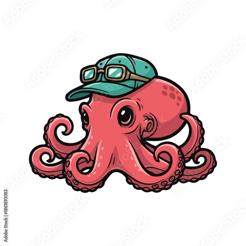 Playful cartoon octopus character sporting a stylish green cap and cool eyeglasses, embodying a smart and whimsical marine vibe