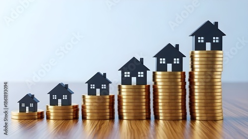 Row of miniature houses on stacked gold coins arranged in ascending order on a wooden surface against a light background.