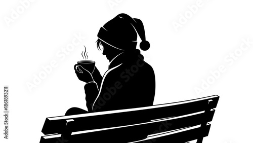 A woman on a bench with a hot drink. Cozy, quiet moment, cold weather scene
